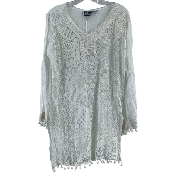 SR Fashion White Crochet Pom Pom Cotton Tunic Blouse Women’s Medium Preowned - Picture 1 of 4